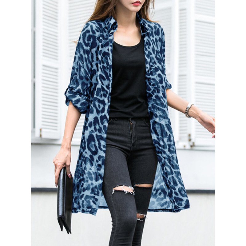 Leopard Print Lapel Long Sleeve Chiffon Shirt
