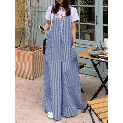 Women Stripe Print Pocket Strap Wide Leg Jumpsuit