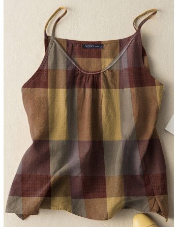 Women Vintage Plaid Casual Spaghetti Strap Cami