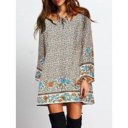 Bohemian Floral Print Bell Long Sleeve Crew Neck Dress