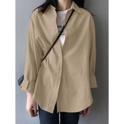 Women Solid Long Sleeve Lapel Button Front Shirt