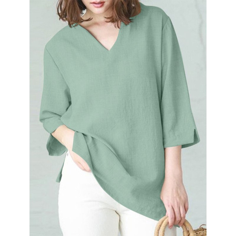 Solid Split V Neck Cotton Casual Blouse