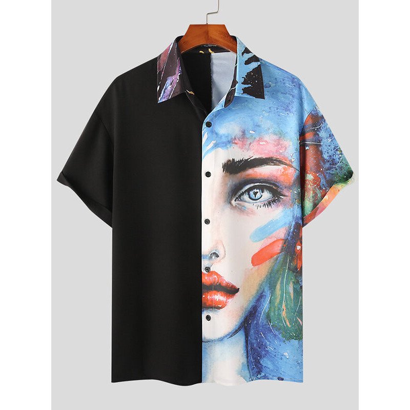 Mens Abstract Face Print Patchwork Short Sleeve Shirt