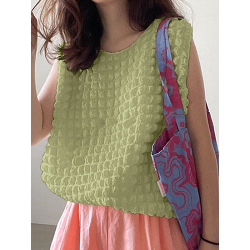 Women Solid Folds Sleeveless Crew Neck Tank Top