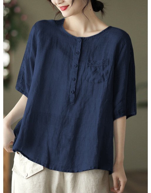 Solid Button Pocket Casual Short Sleeve Blouse