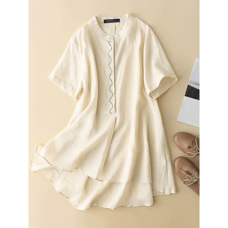 Women Plain Stand Collar High-Low Hem Short Sleeve Blouse