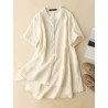 Women Plain Stand Collar High-Low Hem Short Sleeve Blouse
