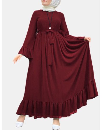 Casual Solid Color Ruffled Loose Plus Size Dress with Belt