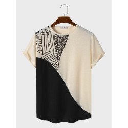 Mens Contrast Patchwork Print Casual Short Sleeve T-Shirts