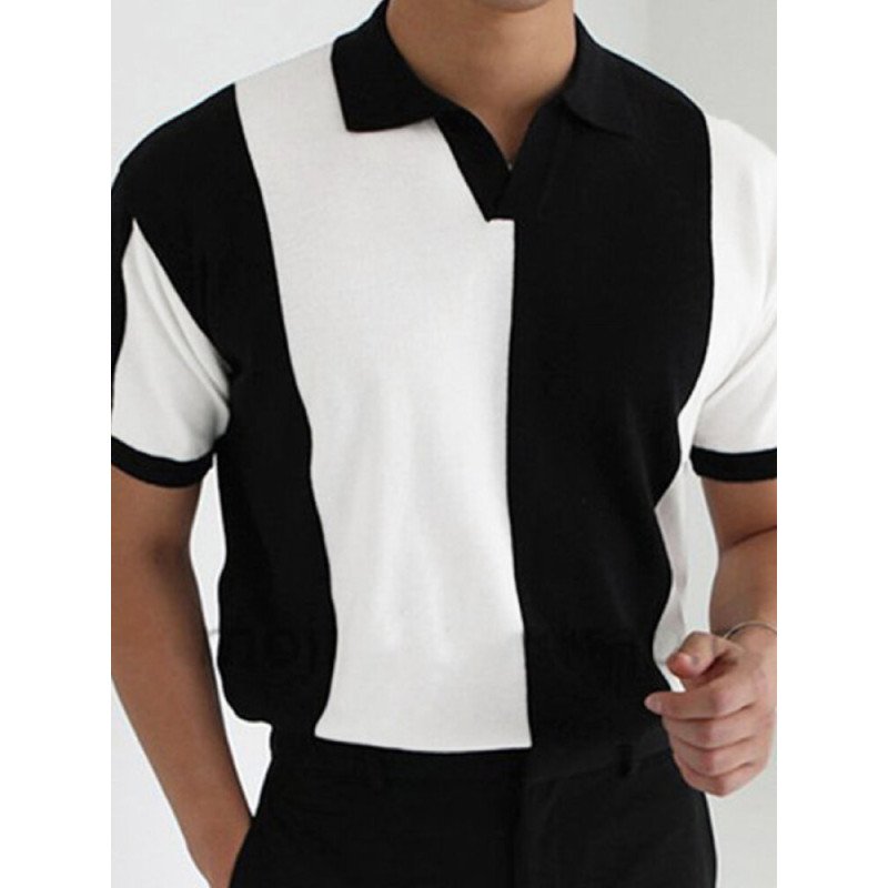Mens Color Block Patchwork Casual Short Sleeve Golf Shirt