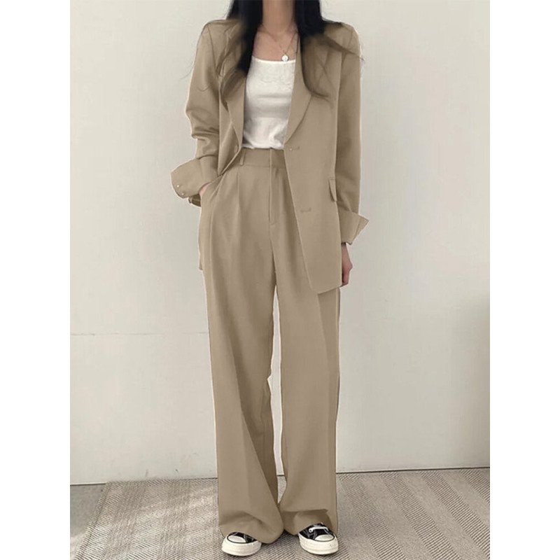 Solid Pocket Lapel Wide Leg Two Pieces Suit