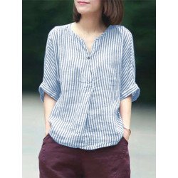 Women Striped Notch Neck Casual Half Sleeve Blouse