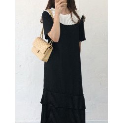 Pleats Contrast Neck Calf Length Short Sleeve Casual Dress