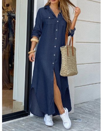 Solid Button Slit Lapel Long Sleeve Denim Dress