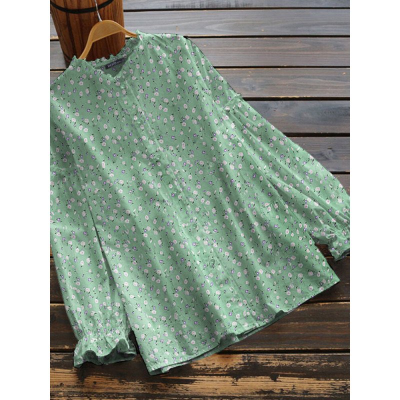 Floral Print Long Sleeve Button Front Casual Blouse