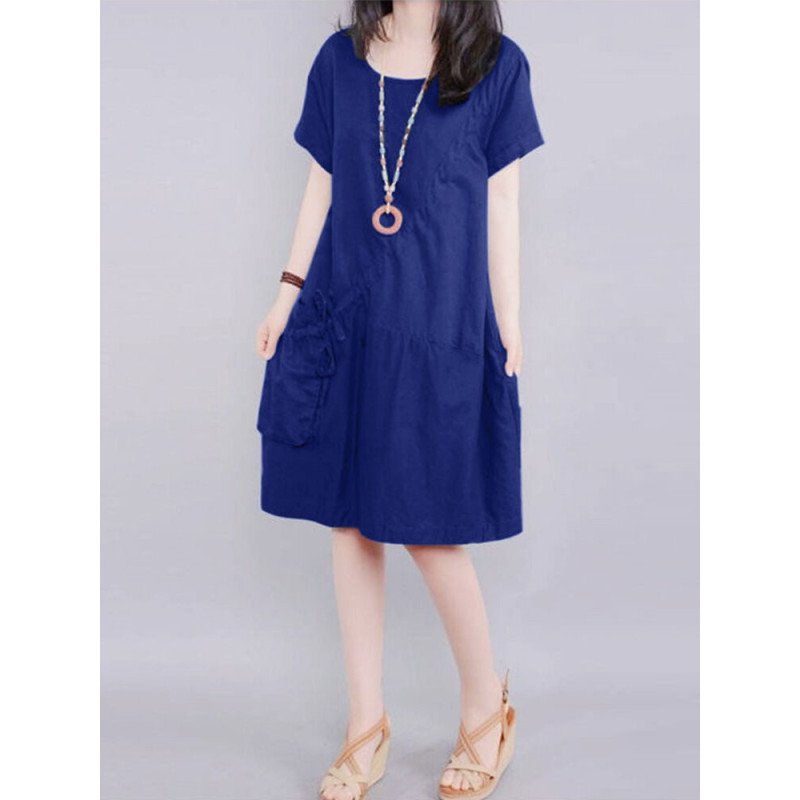 Solid Pocket Short Sleeve Crew Neck Vintage Dress