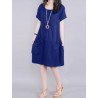 Solid Pocket Short Sleeve Crew Neck Vintage Dress