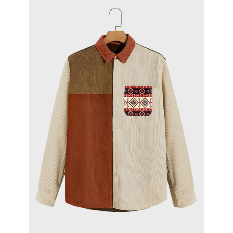 Mens Ethnic Geometric Print Color Block Patchwork Corduroy Shirts