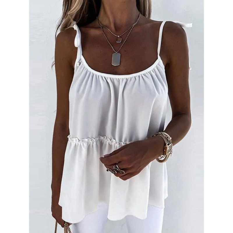 Solid Lettuce Edge Open Back Tie Shoulder Strap Cami