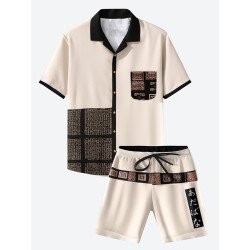 Mens Japanese Geometric Pattern Patchwork Revere Collar Two Pieces Outfits