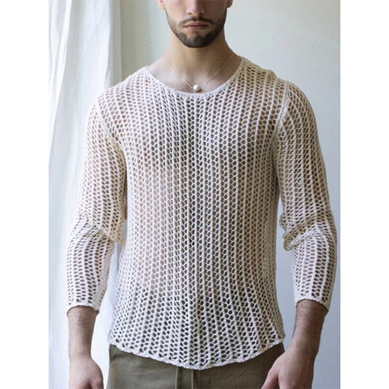 Mens See Through Mesh Long Sleeve T-Shirt