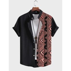 Mens Vintage Geometric Print Patchwork Stand Collar Short Sleeve Shirts