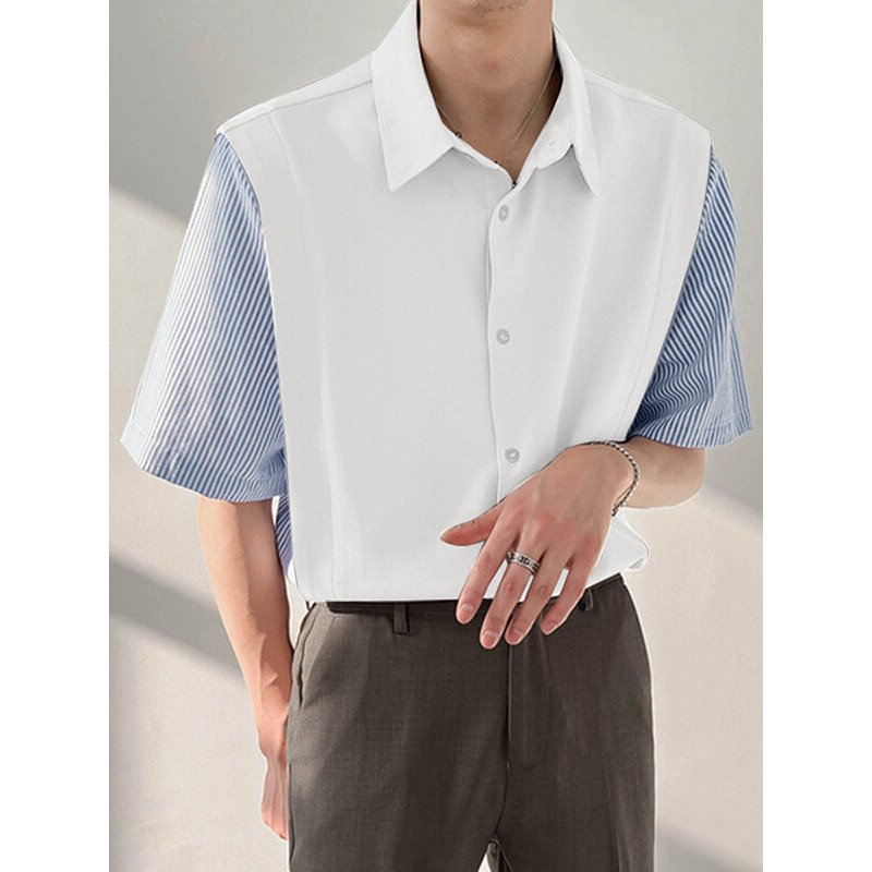 Mens Striped Patchwork Fake Two-Piece Shirt