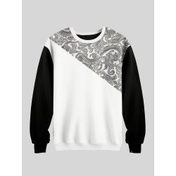 Mens Ethnic Paisley Print Patchwork Crew Neck Pullover Sweatshirts