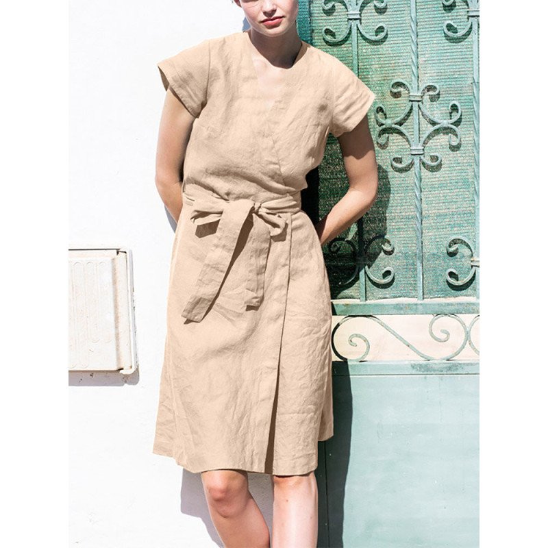 Solid Wrap V-neck Short Sleeve Pocket Dress With Belt