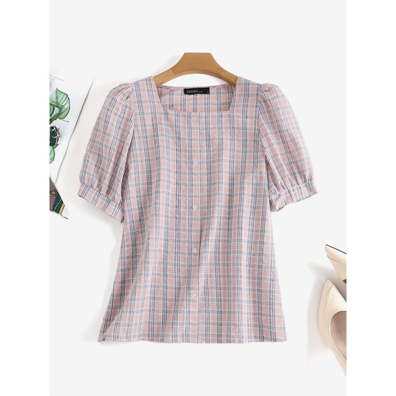 Check Print Puff Sleeve Button Square Collar Blouse