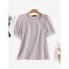 Check Print Puff Sleeve Button Square Collar Blouse