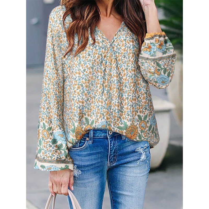 Women Allover Floral Print V-neck Long Sleeve Blouse