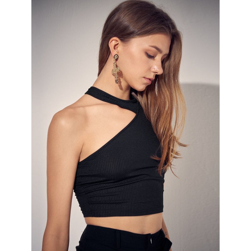 Solid Asymmetrical Cut Out Crew Neck Crop Top