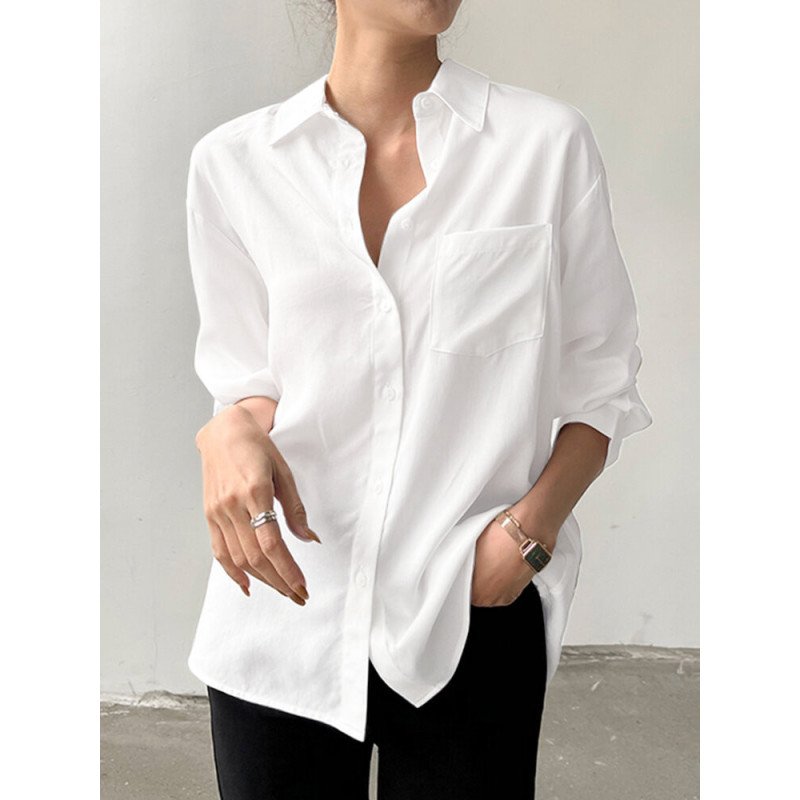 Solid Button Front Pocket Long Sleeve Lapel Shirt