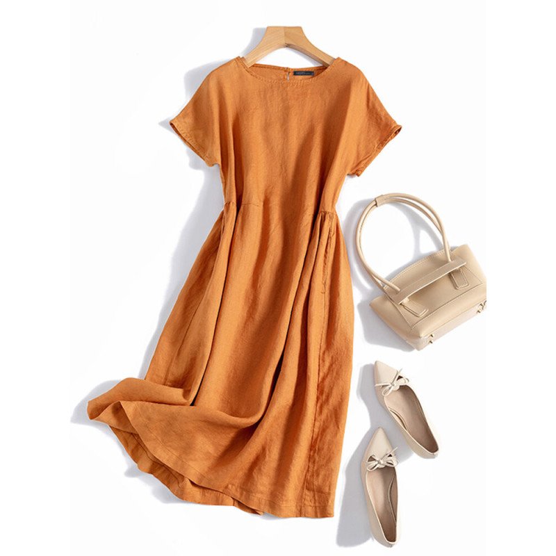 Women Pure Color Crew Neck Cotton Short Sleeve Dress