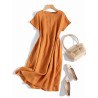 Women Pure Color Crew Neck Cotton Short Sleeve Dress