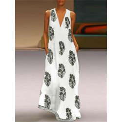 Bohemian Maxi Print Sleeveless V Neck Dress