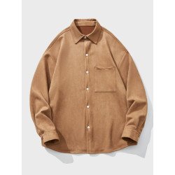 Mens Solid Faux Suede Lapel Casual Long Sleeve Shirts