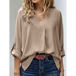 Solid Long Sleeve V-neck Blouse For Women