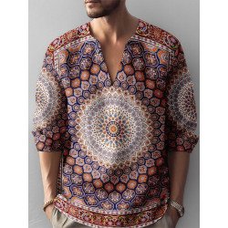 Mens Allover Ethnic Totem Print Notched Neck Henley Shirts