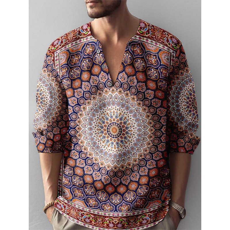 Mens Allover Ethnic Totem Print Notched Neck Henley Shirts