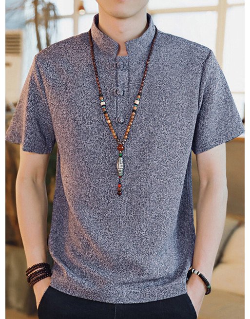 Men Soild Chinese Button V-neck Short Sleeve Henley Shirt