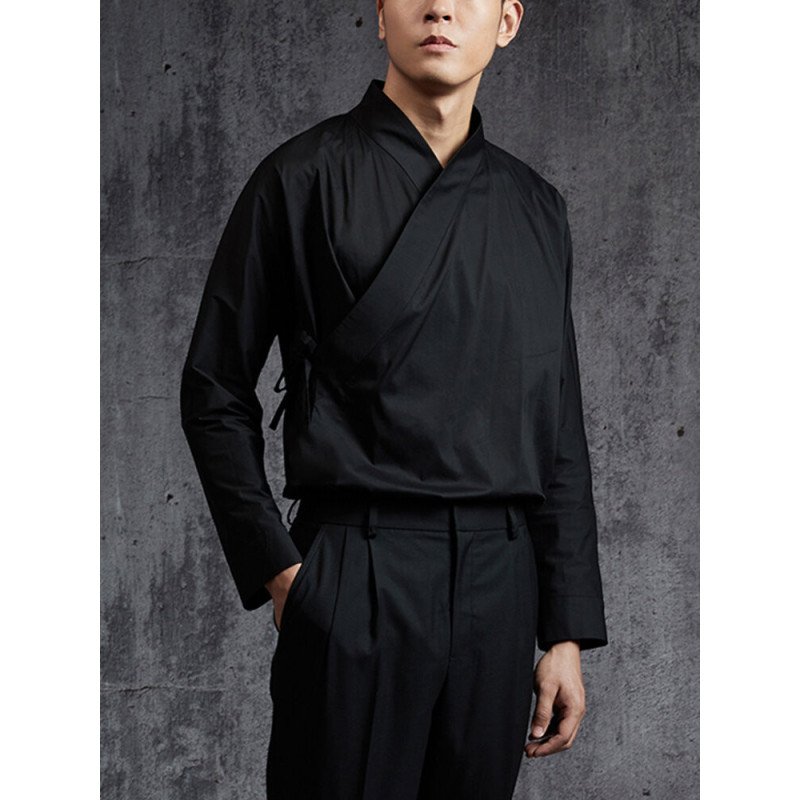 Mens Solid Color Cotton Linen Long Sleeve Shirt
