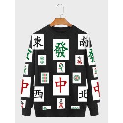 Mens Chinese Mahjong Print Crew Neck Pullover Sweatshirts