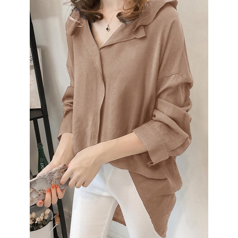 Solid Ruffle Loose Slit Long Sleeve Casual Women Blouse