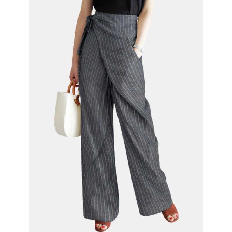 Striped Knotted Wrap Pocket Wide-legged Irregular Pants
