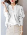 Women Solid Stand Collar Long Sleeve Blouse