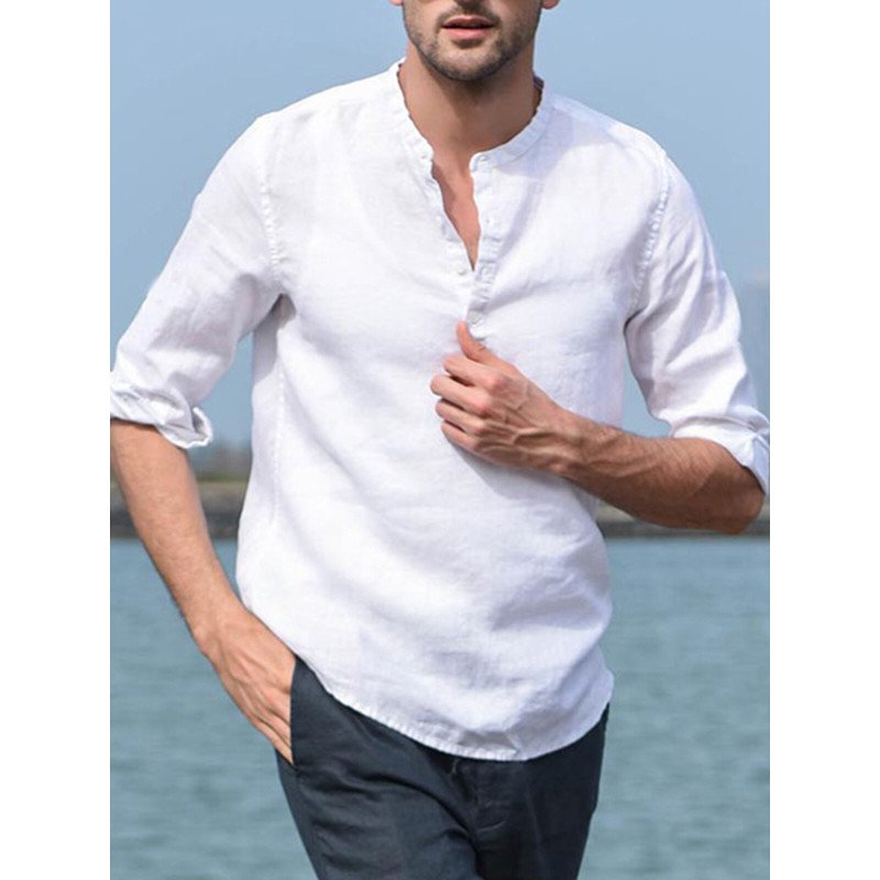 Mens 3/4 Sleeve Stand Collar Button Blouse Pullover Casual Henley Shirts