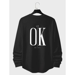 Mens Letter Slogan Back Print Curved Hem Long Sleeve T-Shirts