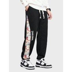 Mens Cartoon Animal Print Patchwork Drawstring Waist Sweatpants